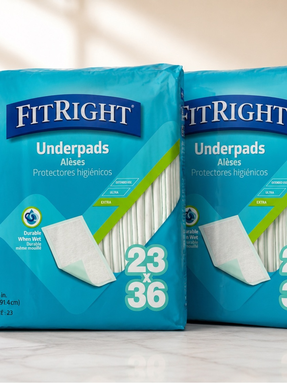 2 Pk Medline FitRight Extra - 30 Disposable Underpads For Beds & Furniture 23x36